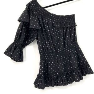 MISA Black Polka Dot 3/4 Sleeve Ruffle One-Shoulder Top Size XS